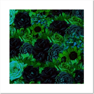 black and green flower pattern textile design Posters and Art